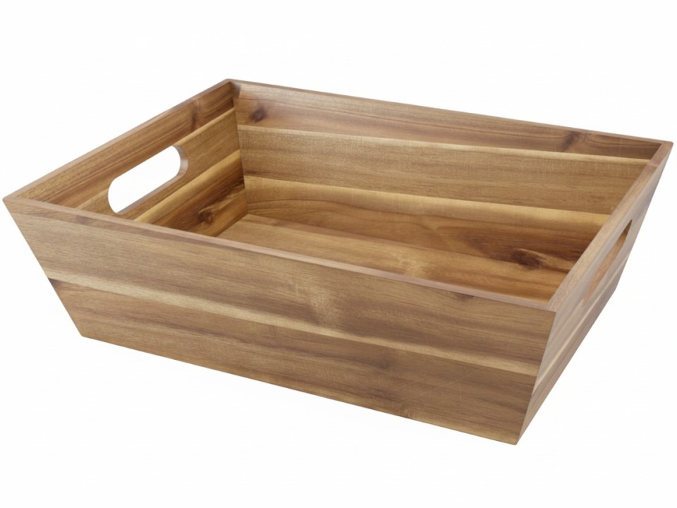 Tapered Acacia Wood Storage Bin with Integrated Handles - Versatile Organization Solution